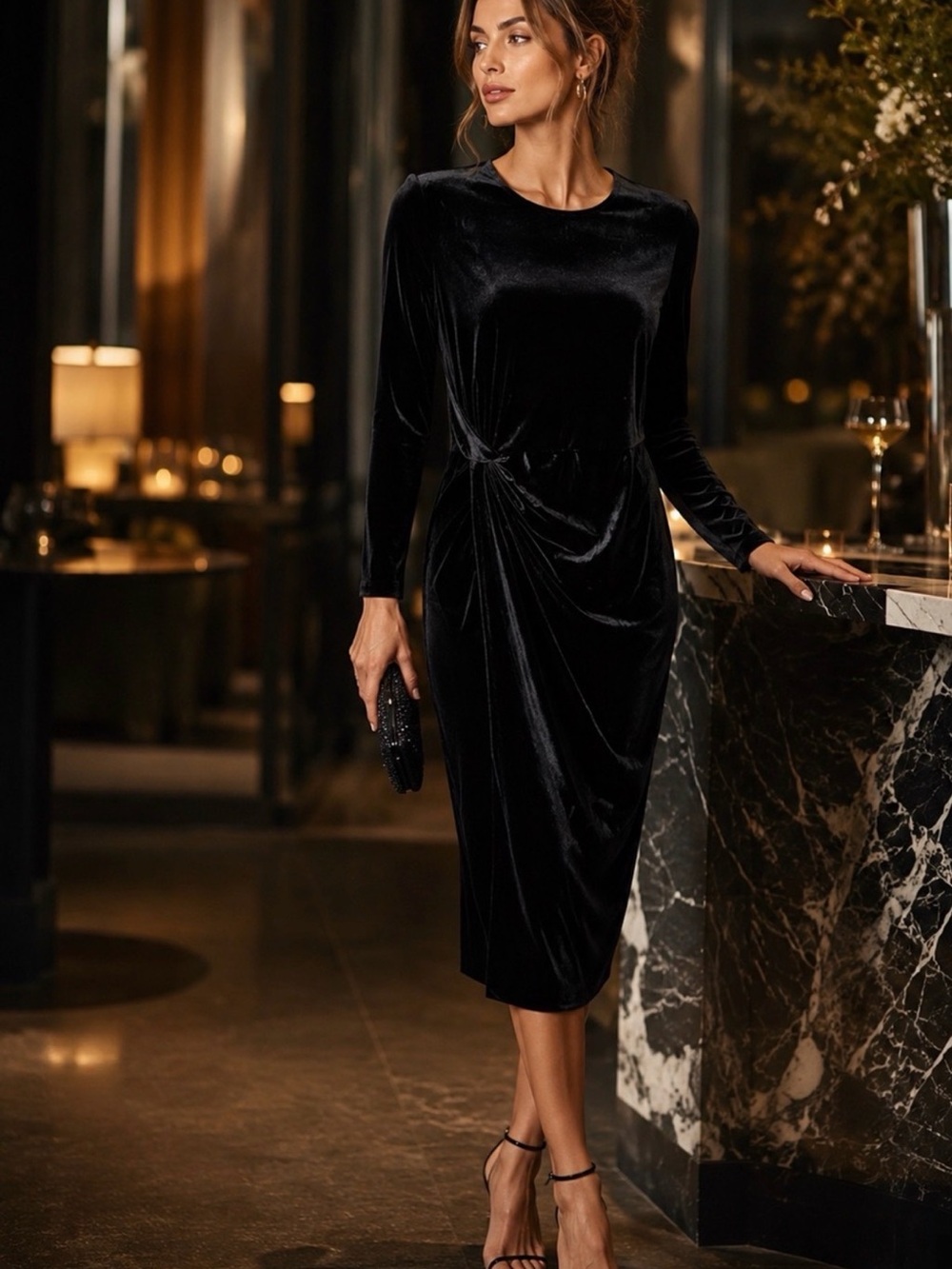 Banana Republic Black Velvet Long-Sleeve Knot Midi Dress